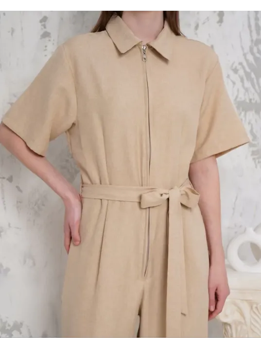Kuşaklı Gömlek Yaka Salaş Tulum Bej S255822