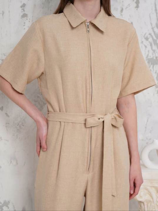 Kuşaklı gömlek yaka salaş tulum bej s255822 Kuşaklı gömlek yaka salaş tulum bej s255822