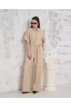 Kuşaklı Gömlek Yaka Salaş Tulum Bej S255822