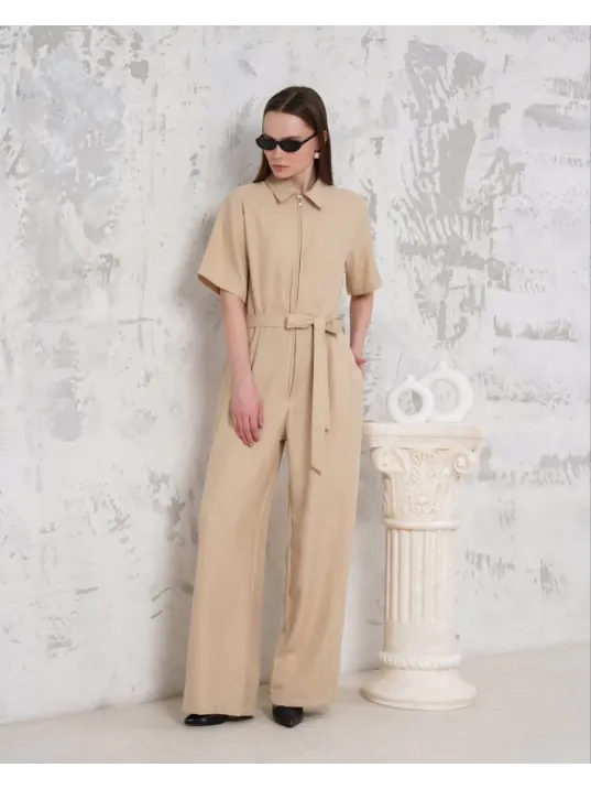Kuşaklı Gömlek Yaka Salaş Tulum Bej S255822