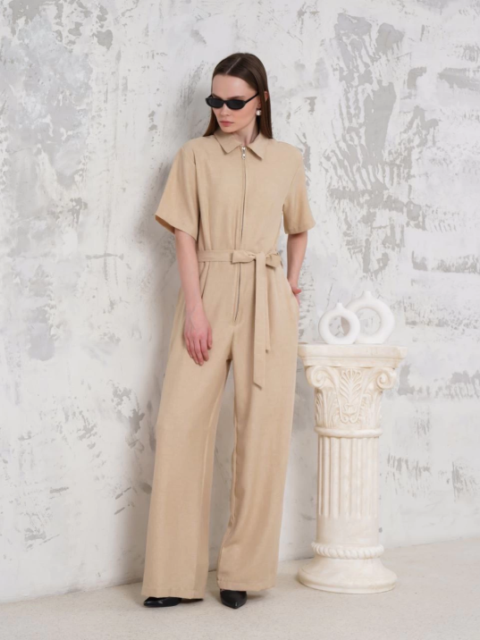 Kuşaklı gömlek yaka salaş tulum bej s255822 Kuşaklı gömlek yaka salaş tulum bej s255822