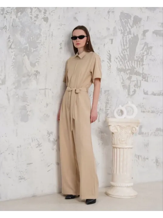 Kuşaklı Gömlek Yaka Salaş Tulum Bej S255822