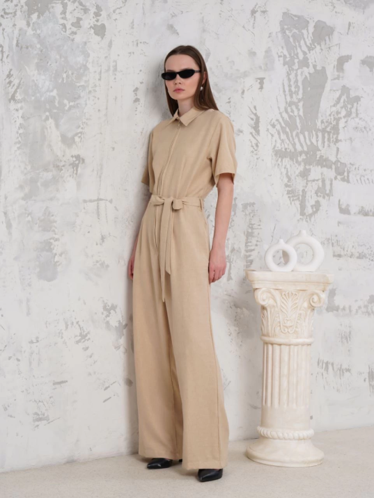 Kuşaklı gömlek yaka salaş tulum bej s255822 Kuşaklı gömlek yaka salaş tulum bej s255822