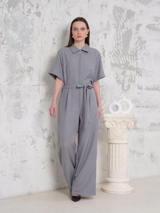 Kuşaklı gömlek yaka salaş tulum gri s255822 Kuşaklı gömlek yaka salaş tulum gri s255822