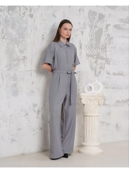 Kuşaklı Gömlek Yaka Salaş Tulum Gri S255822