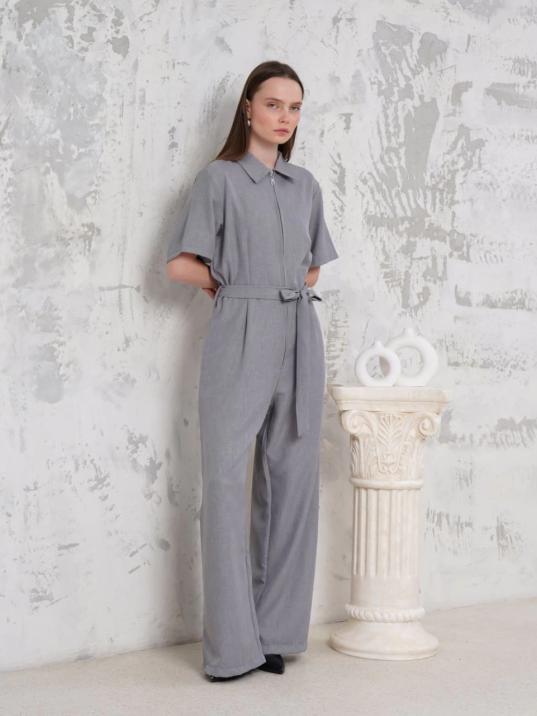 Kuşaklı gömlek yaka salaş tulum gri s255822 Kuşaklı gömlek yaka salaş tulum gri s255822