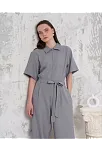 Kuşaklı Gömlek Yaka Salaş Tulum Gri S255822