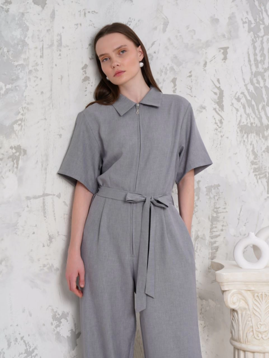 Kuşaklı gömlek yaka salaş tulum gri s255822 Kuşaklı gömlek yaka salaş tulum gri s255822