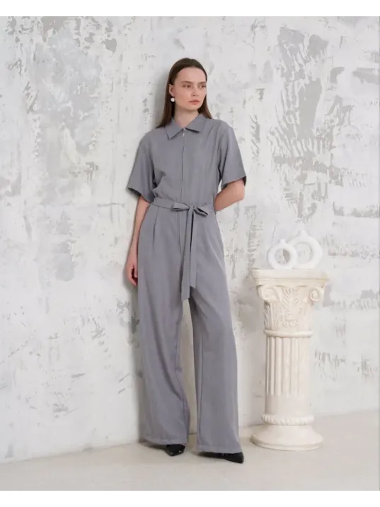 Kuşaklı Gömlek Yaka Salaş Tulum Gri S255822