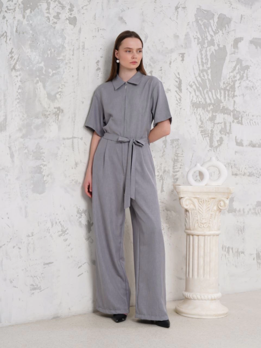 Kuşaklı gömlek yaka salaş tulum gri s255822 Kuşaklı gömlek yaka salaş tulum gri s255822