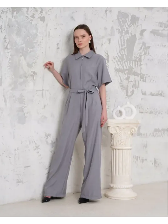 Kuşaklı Gömlek Yaka Salaş Tulum Gri S255822
