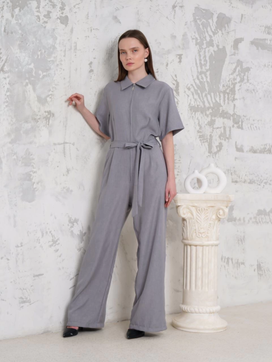 Kuşaklı gömlek yaka salaş tulum gri s255822 Kuşaklı gömlek yaka salaş tulum gri s255822