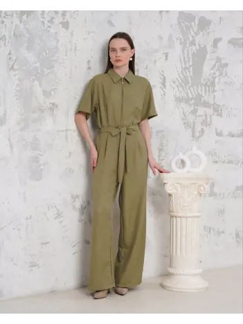 Kuşaklı Gömlek Yaka Salaş Tulum Haki S255822