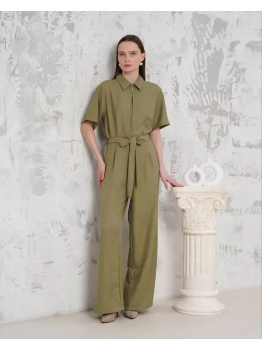 Kuşaklı Gömlek Yaka Salaş Tulum Haki S255822