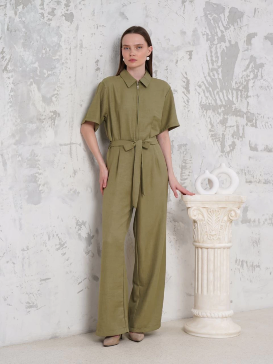 Kuşaklı gömlek yaka salaş tulum haki s255822 Kuşaklı gömlek yaka salaş tulum haki s255822