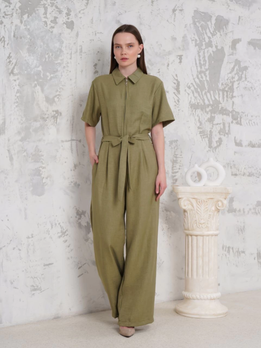 Kuşaklı gömlek yaka salaş tulum haki s255822 Kuşaklı gömlek yaka salaş tulum haki s255822