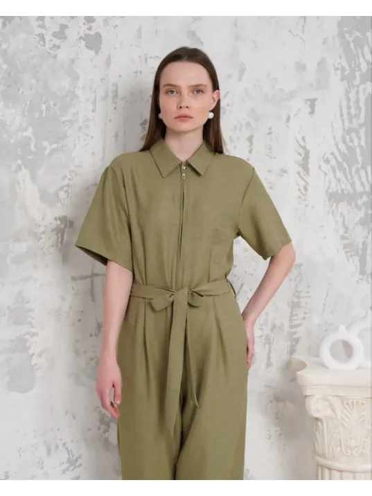 Kuşaklı Gömlek Yaka Salaş Tulum Haki S255822