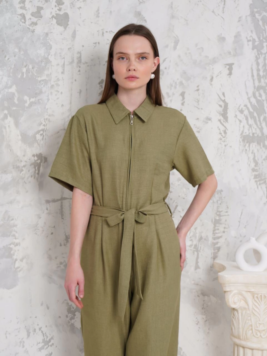 Kuşaklı gömlek yaka salaş tulum haki s255822 Kuşaklı gömlek yaka salaş tulum haki s255822