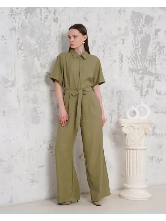 Kuşaklı Gömlek Yaka Salaş Tulum Haki S255822