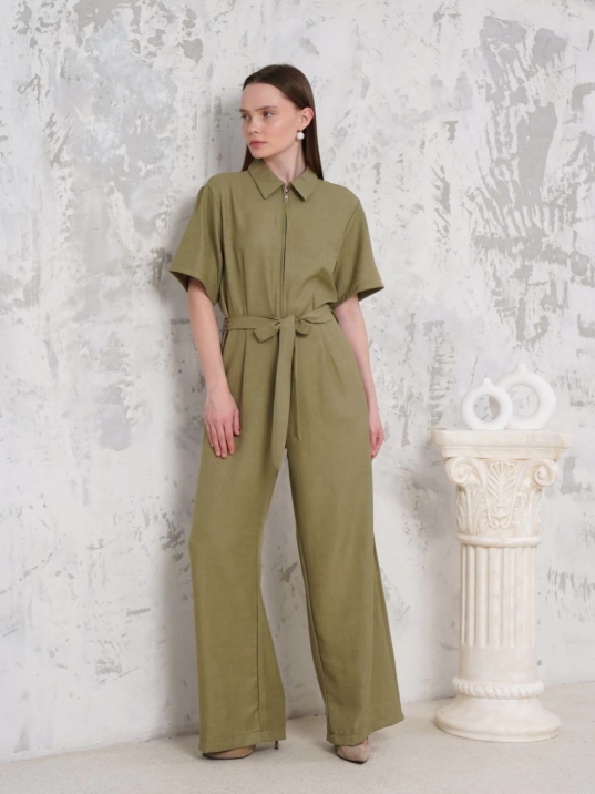 Kuşaklı gömlek yaka salaş tulum haki s255822 Kuşaklı gömlek yaka salaş tulum haki s255822