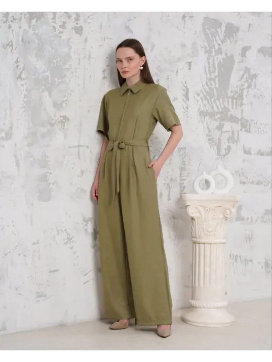 Kuşaklı Gömlek Yaka Salaş Tulum Haki S255822