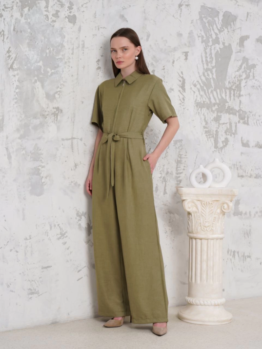 Kuşaklı gömlek yaka salaş tulum haki s255822 Kuşaklı gömlek yaka salaş tulum haki s255822