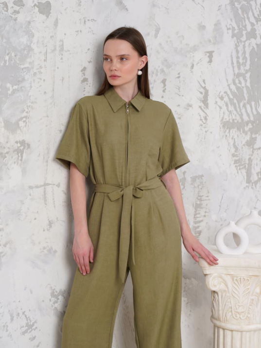 Kuşaklı gömlek yaka salaş tulum haki s255822 Kuşaklı gömlek yaka salaş tulum haki s255822