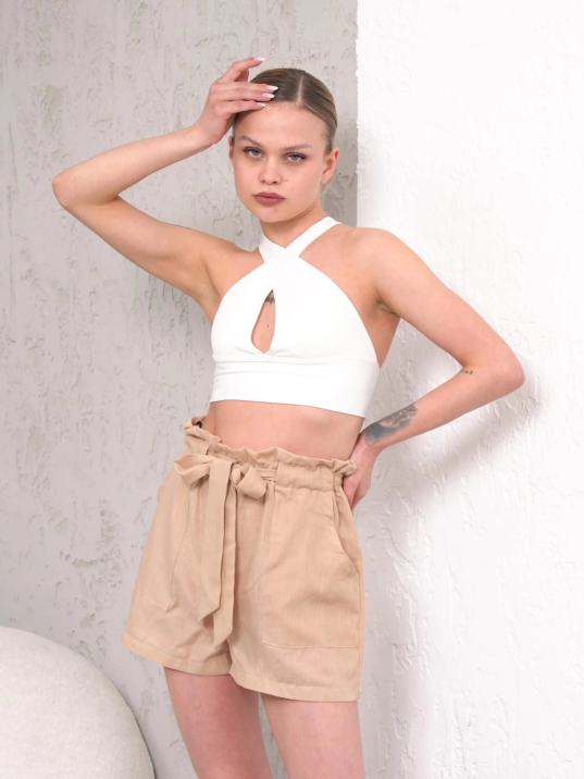 Kuşaklı keten şort bej s255265 Kuşaklı keten şort bej s255265