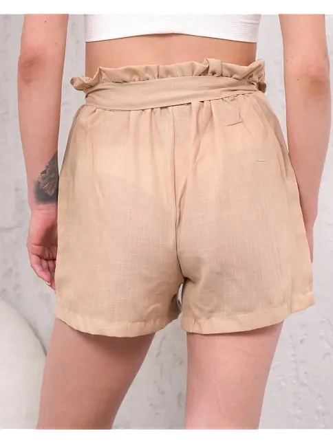 Kuşaklı Keten Şort Bej S255265