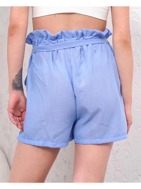 Kuşaklı Keten Şort Mavi S255265