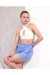 Kuşaklı Keten Şort Mavi S255265