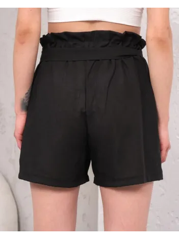 Kuşaklı Keten Şort Siyah S255265