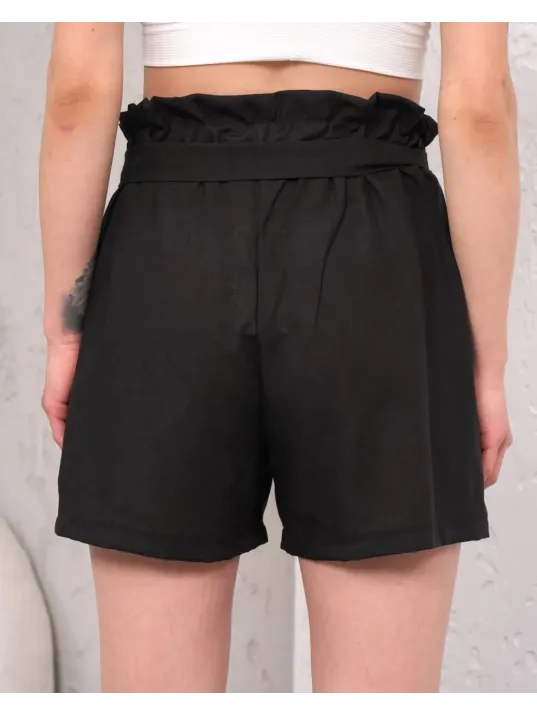 Kuşaklı Keten Şort Siyah S255265