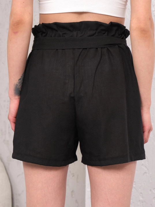 Kuşaklı keten şort siyah s255265