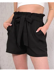 Kuşaklı Keten Şort Siyah S255265