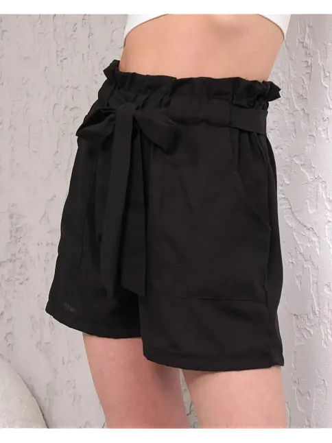 Kuşaklı Keten Şort Siyah S255265