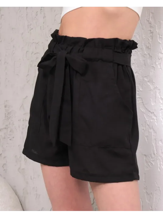 Kuşaklı Keten Şort Siyah S255265