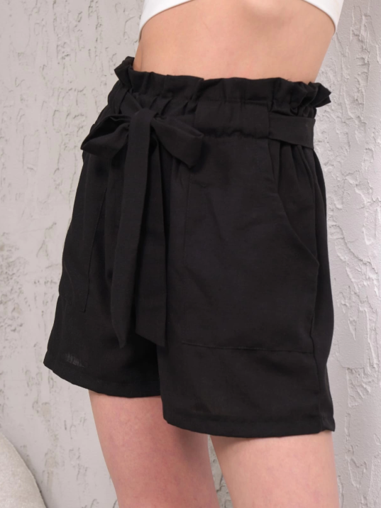 Kuşaklı keten şort siyah s255265