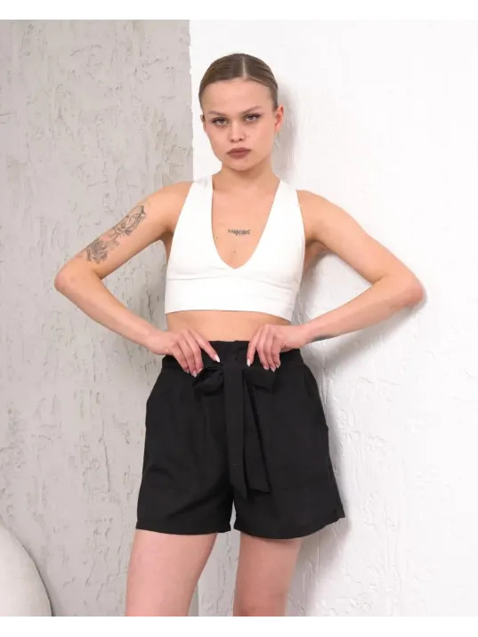 Kuşaklı Keten Şort Siyah S255265