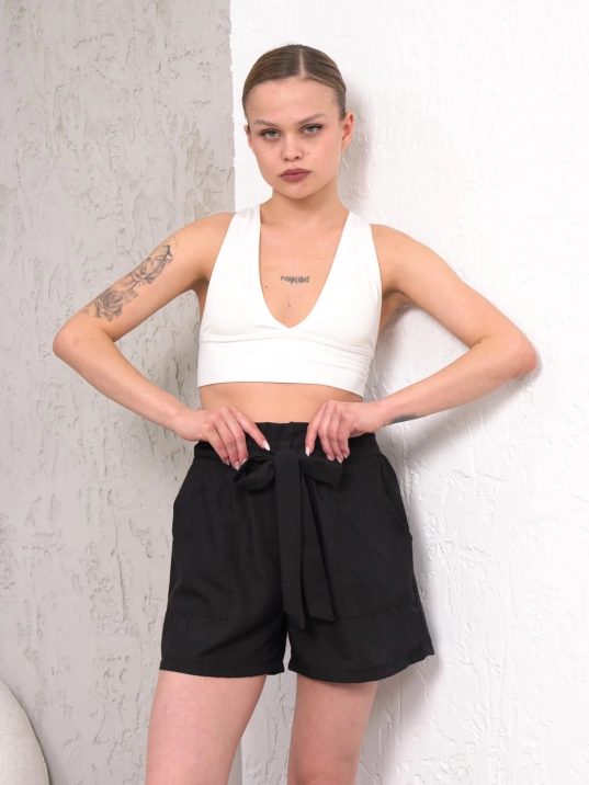 Kuşaklı keten şort siyah s255265