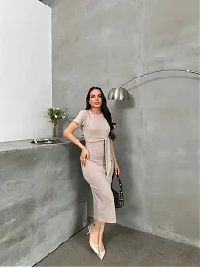 Kuşaklı Mdl Esnek Kumaşlı Elbise Bej Pt