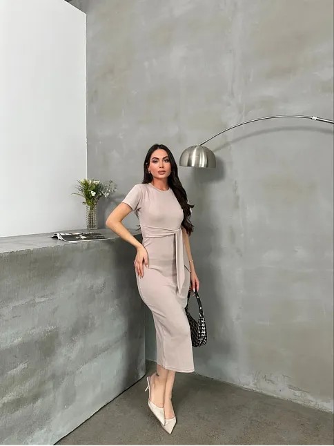 Kuşaklı Mdl Esnek Kumaşlı Elbise Bej Pt