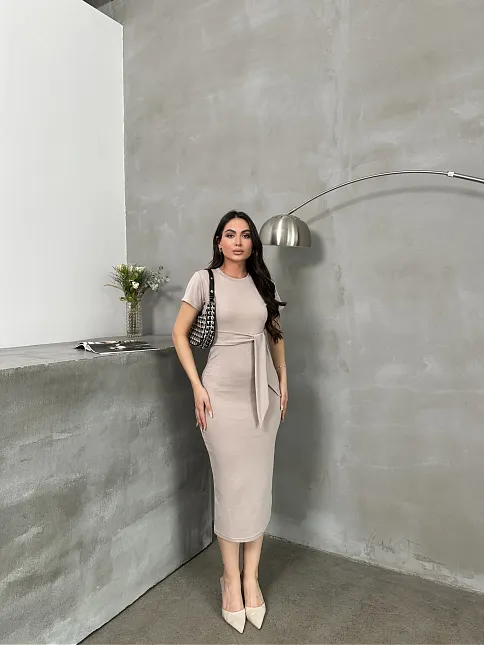Kuşaklı Mdl Esnek Kumaşlı Elbise Bej Pt