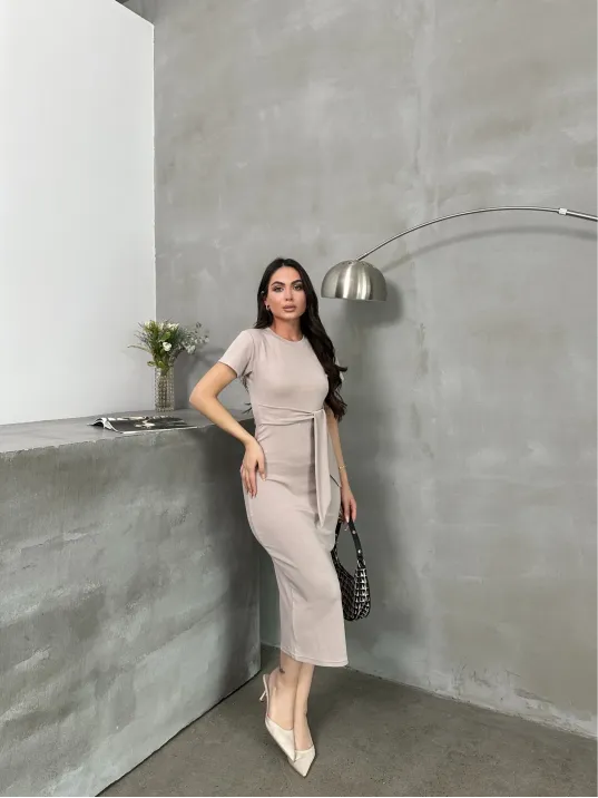 Kuşaklı Mdl Esnek Kumaşlı Elbise Bej Pt