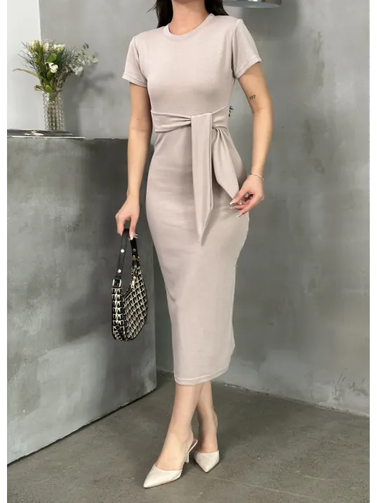 Kuşaklı Mdl Esnek Kumaşlı Elbise Bej Pt