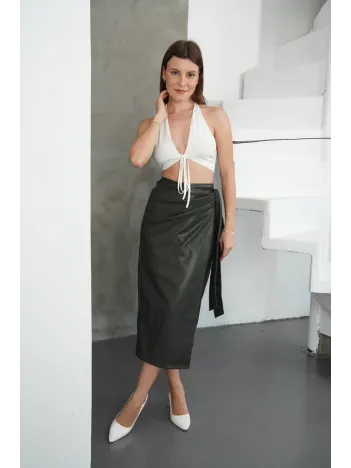 Kuşaklı Uzun Deri Etek Haki H26414