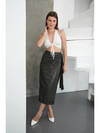 Kuşaklı uzun deri etek haki h26414 Kuşaklı uzun deri etek haki h26414