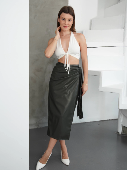 Kuşaklı uzun deri etek haki h26414