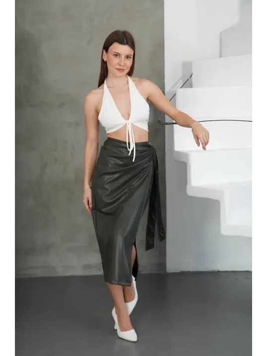 Kuşaklı Uzun Deri Etek Haki H26414