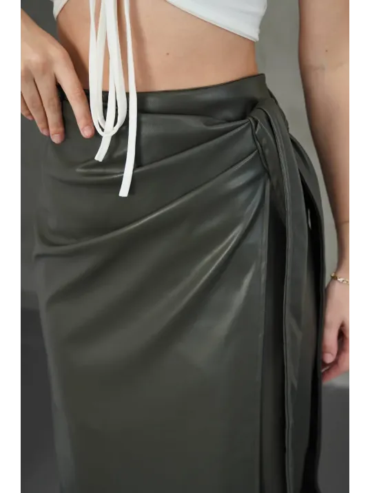 Kuşaklı Uzun Deri Etek Haki H26414